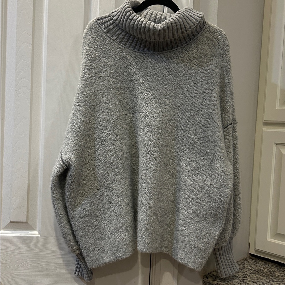 Free People Milo Sweater Turtleneck Tunic Oversized Women Large Black Gray Fuzzy